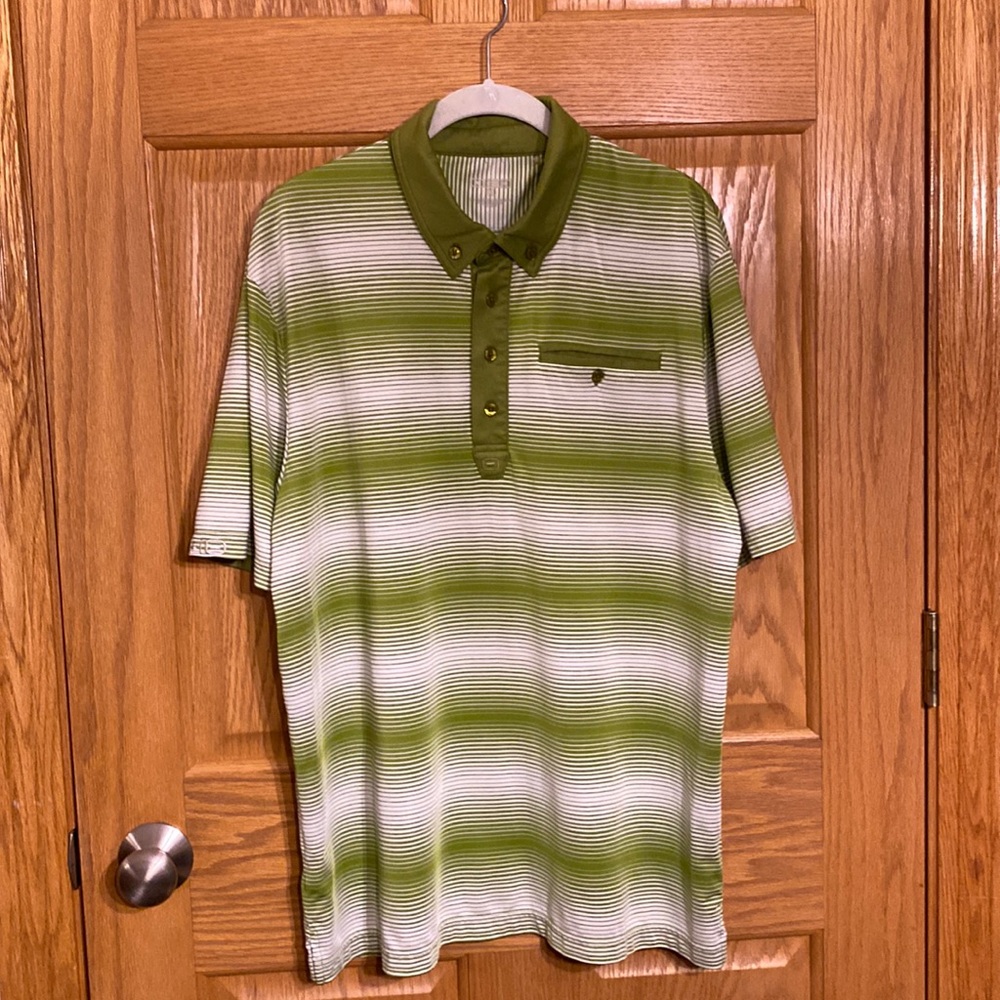 OGIO green and white striped polo golf shirt with button down collar